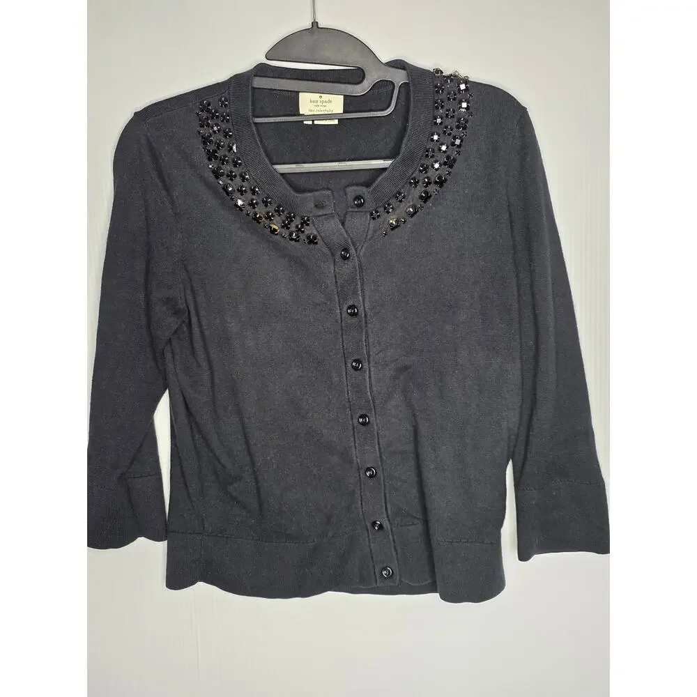 Kate Spade Size M Black Cardigan Sweater Embellished Neckline Cotton Silk Blend